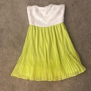 Strapless lace and chartreuse mini dress